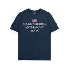 Navy-blue T-shirt featuring a distressed American flag and bold “MAKE AMERICA ANTI-FASCIST AGAIN” slogan, advocating agai