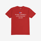 Red short-sleeve T-shirt featuring a stylized American flag and bold white text, MAKE AMERICA ANTI-FASCIST AGAIN, embodying a strong anti-fascist message by Strange Allies.