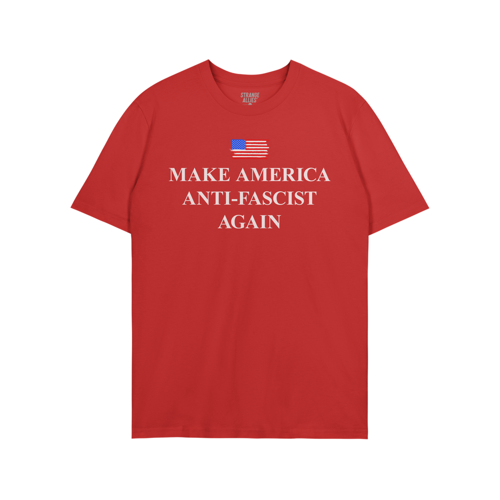 Red short-sleeve T-shirt featuring a stylized American flag and bold white text, MAKE AMERICA ANTI-FASCIST AGAIN, embodying a