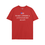 Red short-sleeve T-shirt featuring a stylized American flag and bold white text, MAKE AMERICA ANTI-FASCIST AGAIN, embodying a