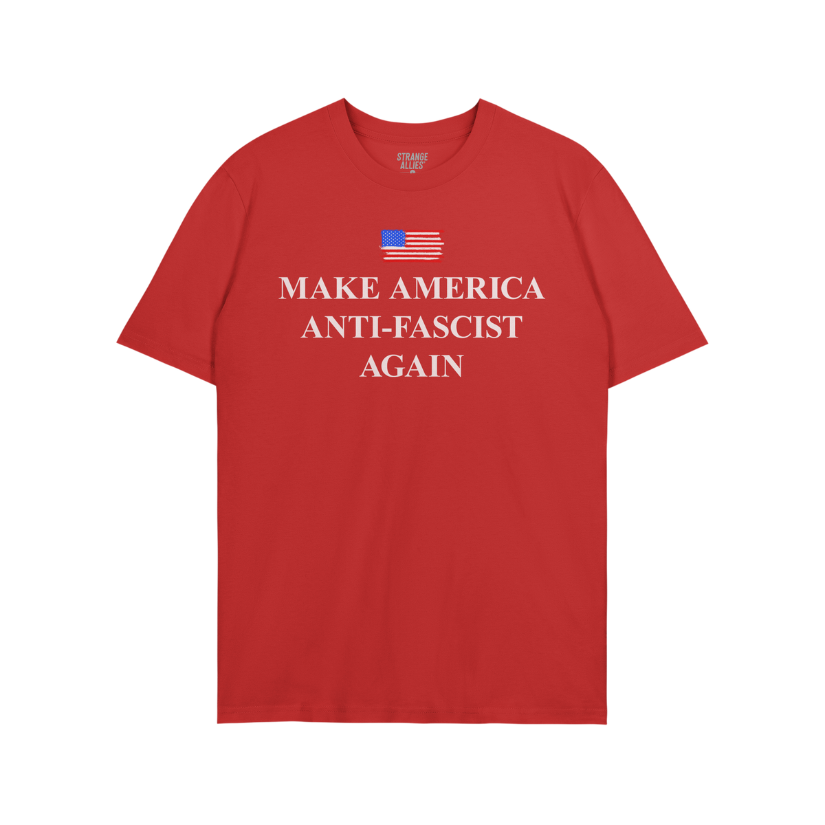 Red short-sleeve T-shirt featuring a stylized American flag and bold white text, MAKE AMERICA ANTI-FASCIST AGAIN, embodying a