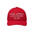 Make America Anti-Fascist Again Hat featuring white embroidered text on a red trucker-style cap, making a bold statement agai