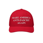 Make America Anti-Fascist Again Hat featuring white embroidered text on a red trucker-style cap, making a bold statement agai