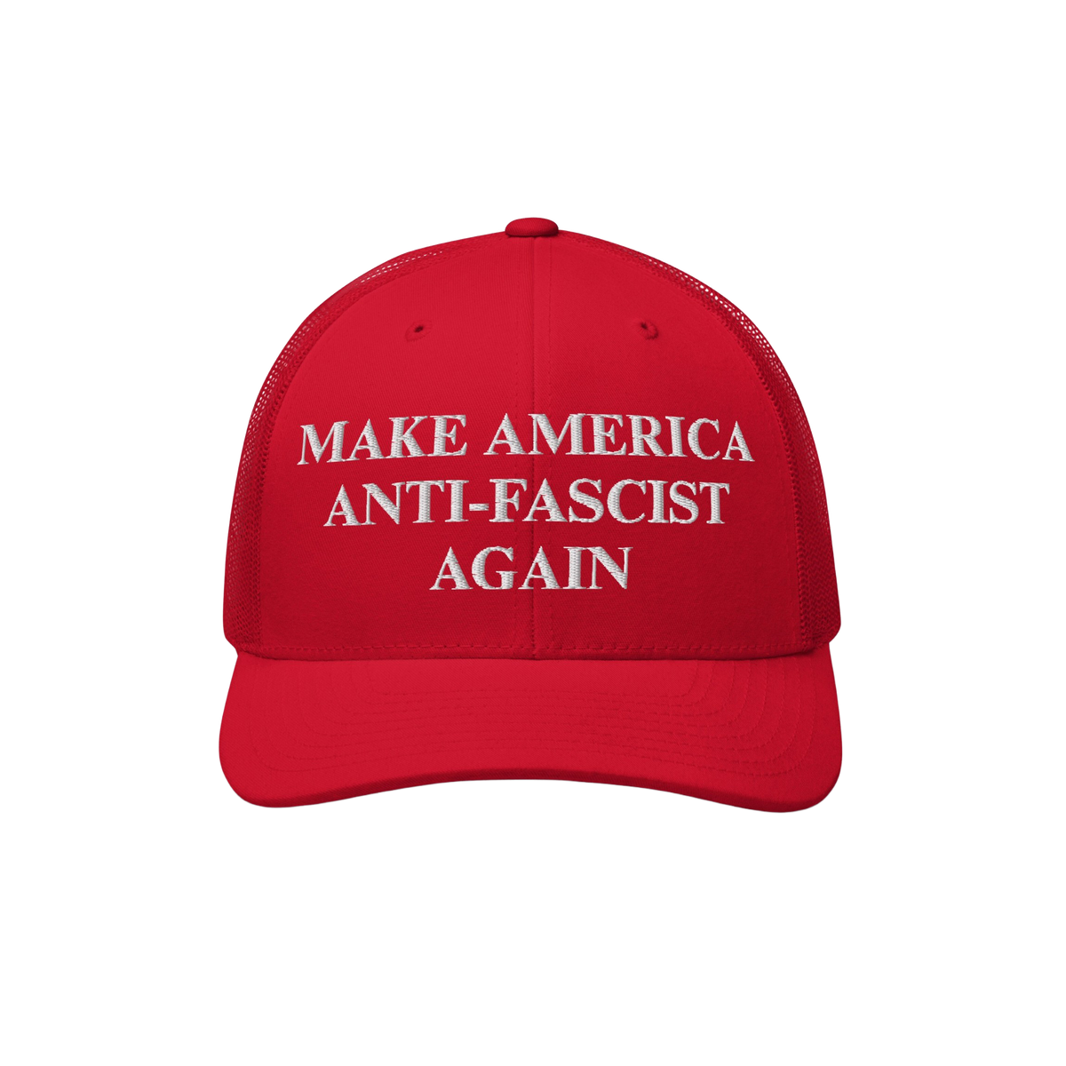 Make America Anti-Fascist Again Hat featuring white embroidered text on a red trucker-style cap, making a bold statement agai