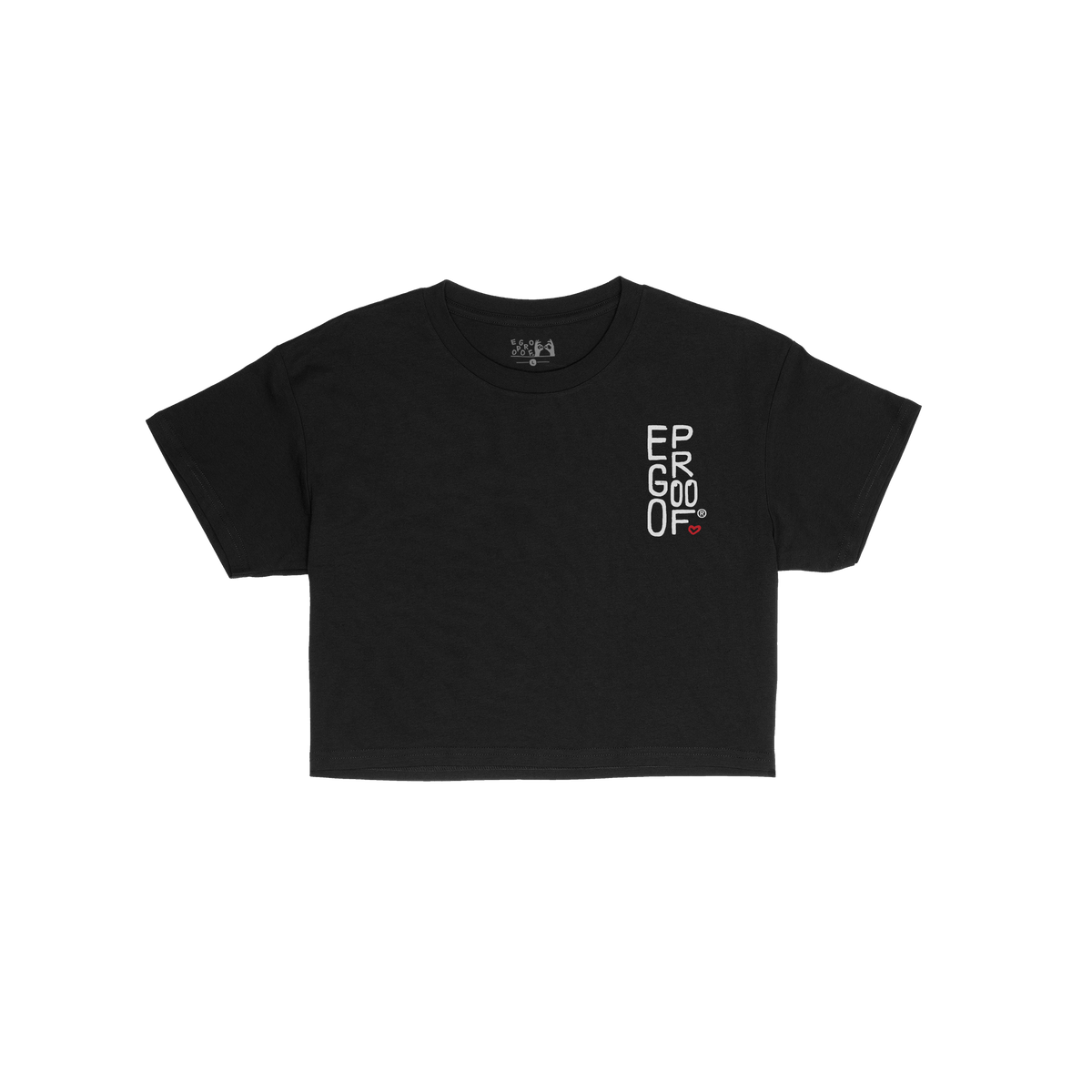 Make Art Every Day Women's Baby Tee features EGO PROOF text and red heart on the chest, emphasizing creativity and individual