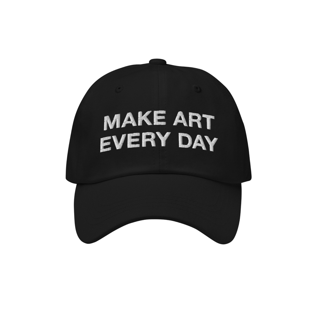 Black six-panel Make Art Every Day Hat with curved brim, showcasing white embroidery. Features adjustable closure for comfort
