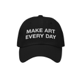 Black six-panel Make Art Every Day Hat with curved brim, showcasing white embroidery. Features adjustable closure for comfort