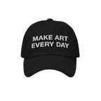 Black six-panel Make Art Every Day Hat with curved brim, showcasing white embroidery. Features adjustable closure for comfort