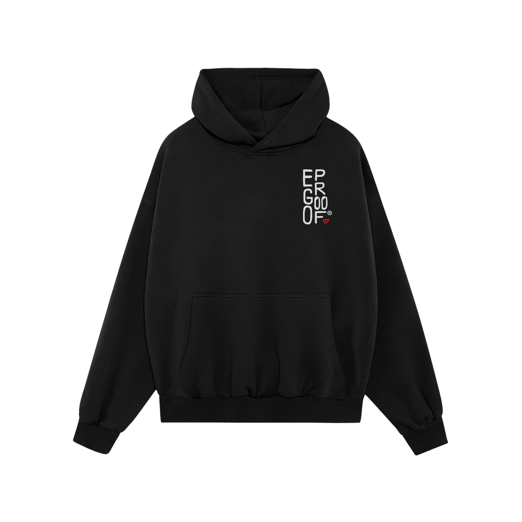 Make Art Every Day Hoodie featuring a minimalist EGOPROOF logo with a red heart on the chest, a cozy hood, drawstrings, and a