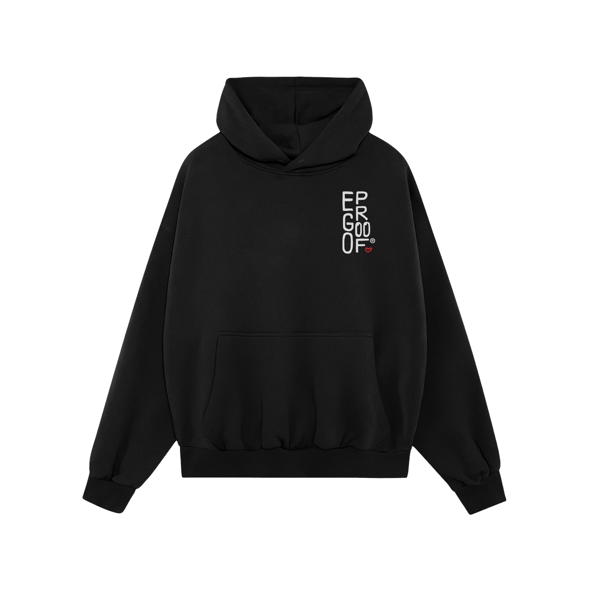 Make Art Every Day Hoodie featuring a minimalist EGOPROOF logo with a red heart on the chest, a cozy hood, drawstrings, and a