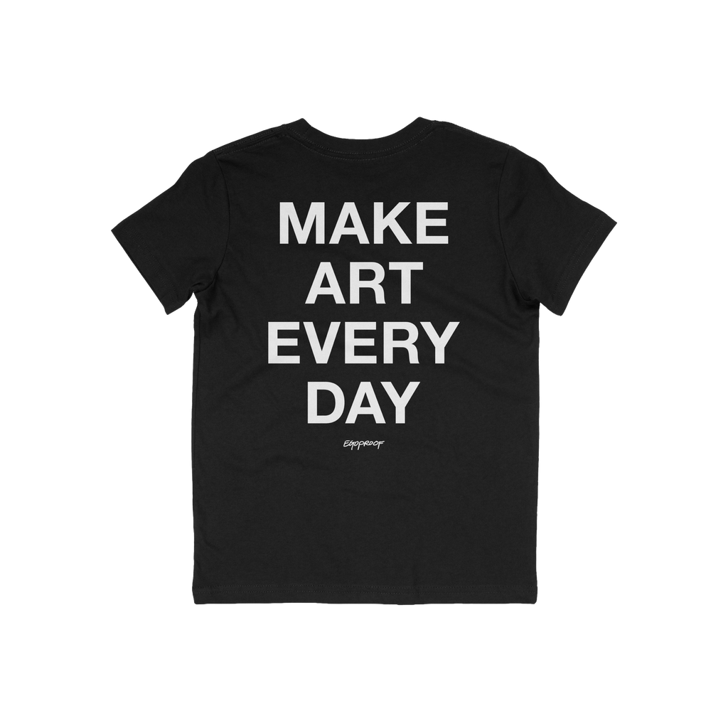 Back view of the Make Art Every Day T-shirt featuring a bold white slogan in all caps, ideal for expressing creativity. A sma