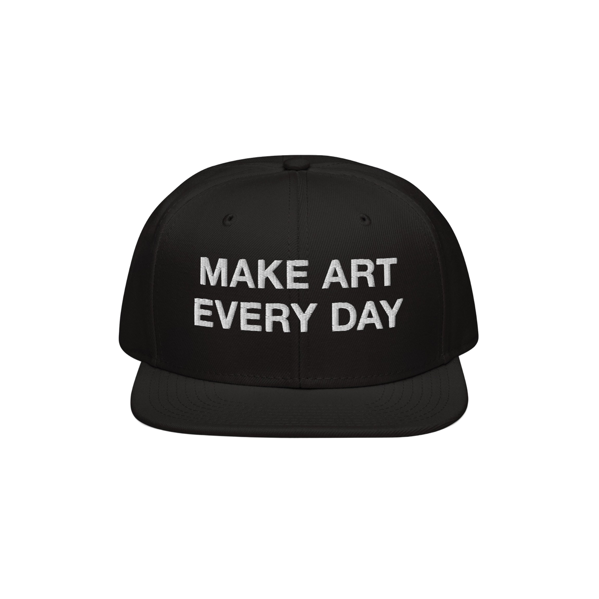 Black flat-brim snapback cap with “MAKE ART EVERY DAY” embroidered in bold white letters on the front. The back features 