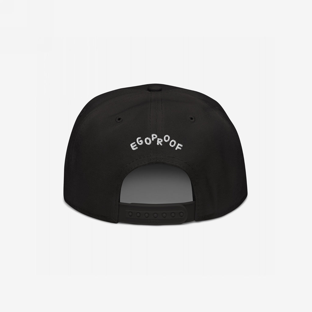 Back view of the Make Art Every Day Hat, featuring EGOPROOF embroidery above the adjustable snap-back strap. Ideal for creative individuals, this cap embodies artistic dedication and comfortable style.