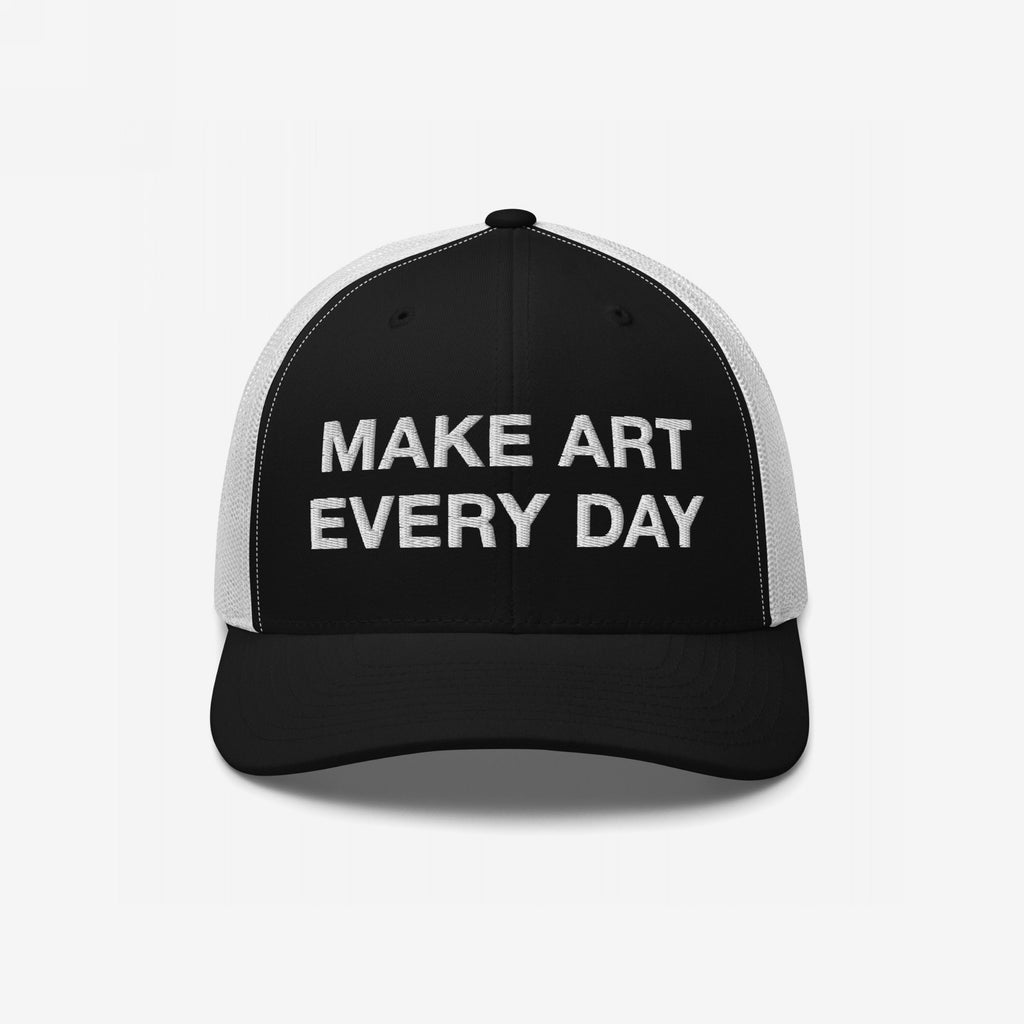 Make Art Every Day Hat with a black front and white mesh back, featuring bold embroidered text. Perfect for creatives, it offers adjustable comfort for artistic pursuits and casual wear.