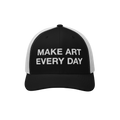 Make Art Every Day Hat with a black front and white mesh back, featuring bold embroidered text. Perfect for creatives, it off
