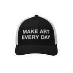 Make Art Every Day Hat with a black front and white mesh back, featuring bold embroidered text. Perfect for creatives, it off
