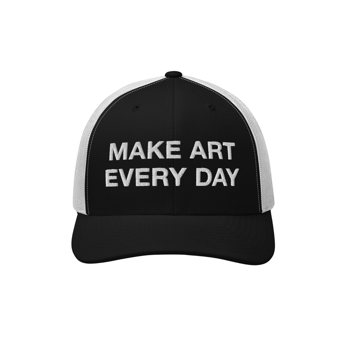 Make Art Every Day Hat with a black front and white mesh back, featuring bold embroidered text. Perfect for creatives, it off