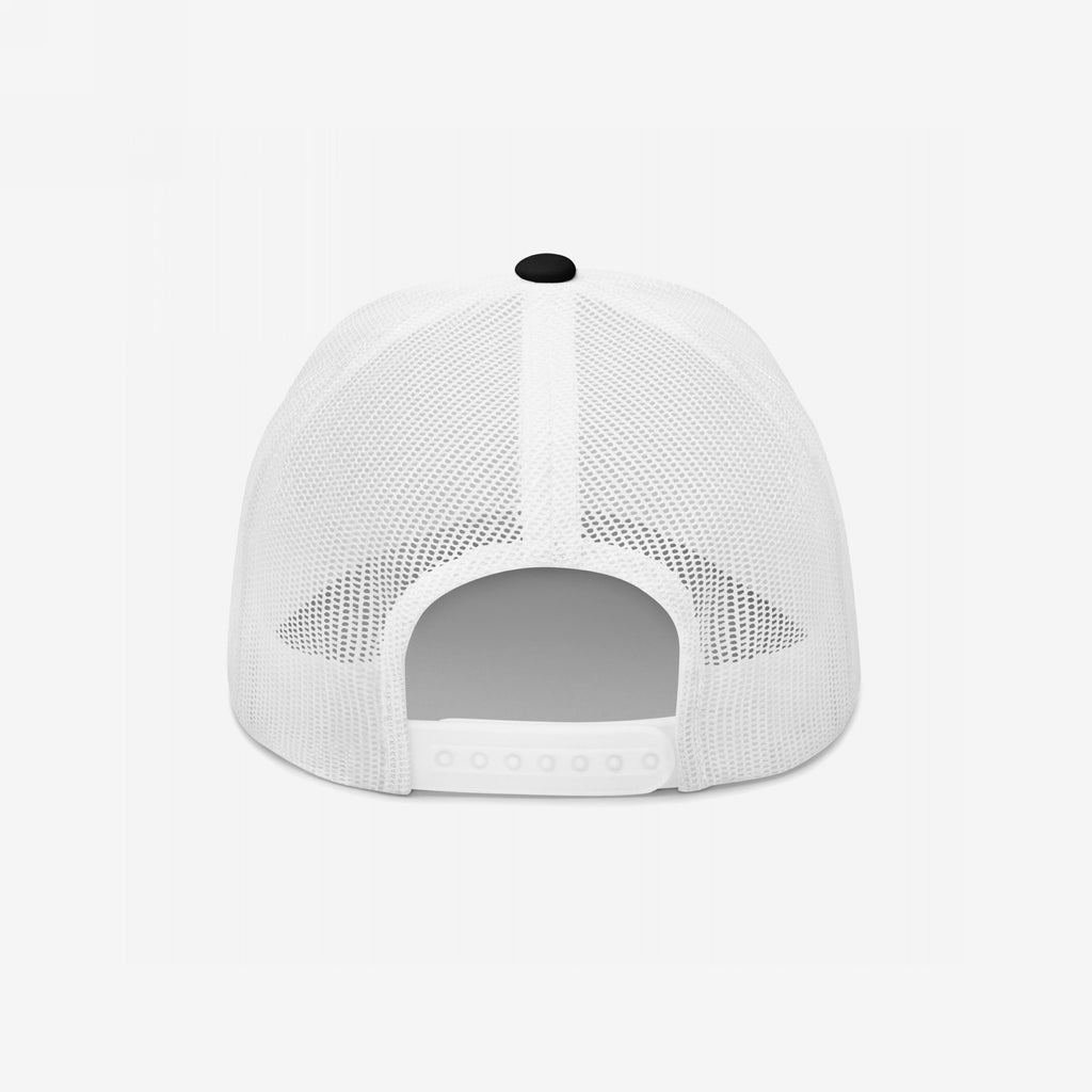 Rear view of the Make Art Every Day Hat, a white mesh trucker cap with an adjustable snap-back closure, showcasing breathable mesh panels and embroidered EGOPROOF on the back for artists and designers.