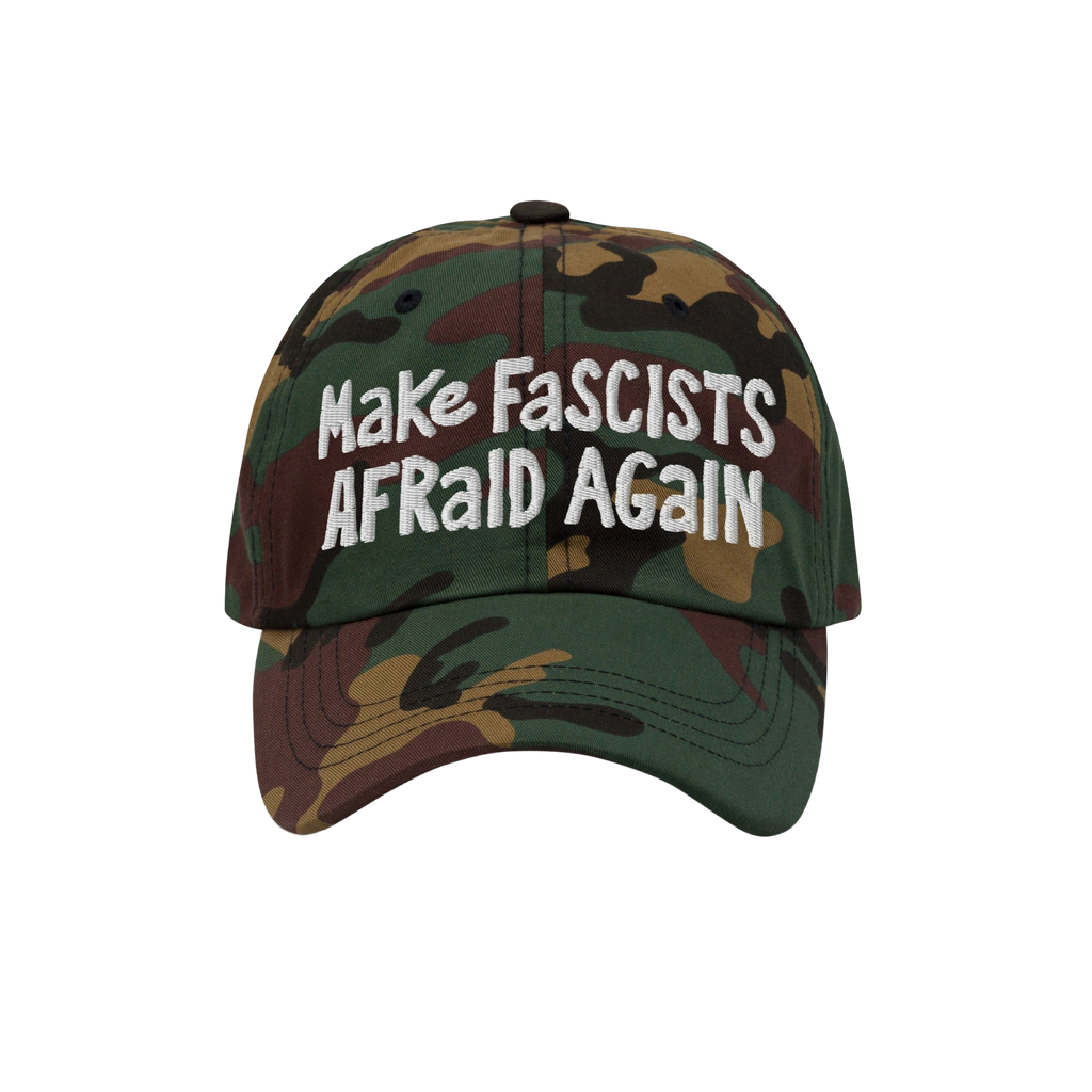 Camo-patterned Make Fascists Afraid Again hat with white, hand-drawn embroidery. Designed for bold resistance and activism, s