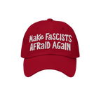 Make Fascists Afraid Again Hat featuring bold white embroidery on a red baseball cap, embodying anti-fascist sentiment with a