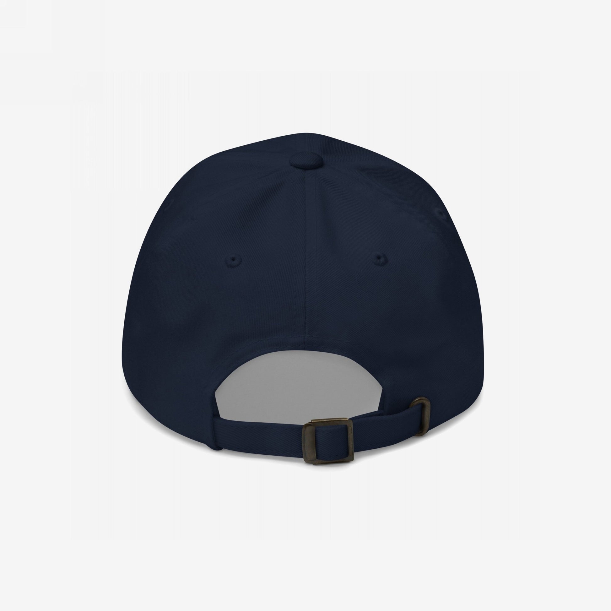 Back view of the Make Fascists Afraid Again Hat, a navy-blue baseball cap, featuring an adjustable strap with metal buckle and ventilation eyelets, embodying bold resistance with its unapologetic message.