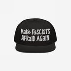 Make Fascists Afraid Again Hat featuring bold white embroidery on a black flat-bill snapback, embodying a rebellious statement against far-right ideologies, perfect for everyday activism and support of equality.