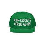 Green, flat-brimmed Make Fascists Afraid Again hat with white, hand-drawn embroidery, symbolizing resistance and activism. Pe