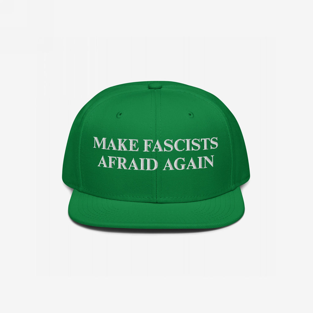Green snapback hat with “MAKE FASCISTS AFRAID AGAIN” embroidered in white, symbolizing anti-fascist activism. The Make Fascists Afraid Again Classic Hat embodies a bold stand against hate and inequality.