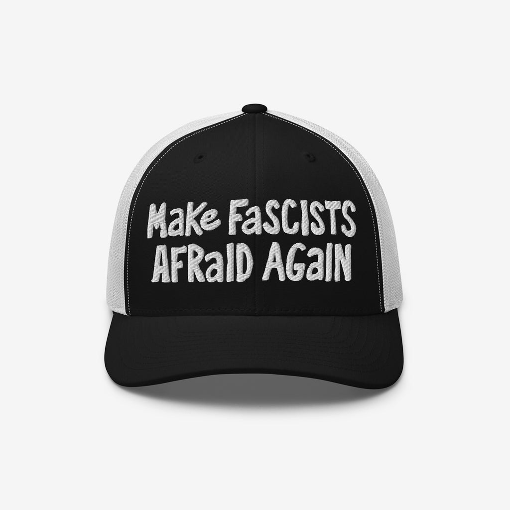 Black-and-white trucker-style baseball cap featuring bold white embroidery with the slogan “Make Fascists Afraid Again,” embodying resistance and activism, perfect for everyday wear or protests. Proceeds support the ACLU.