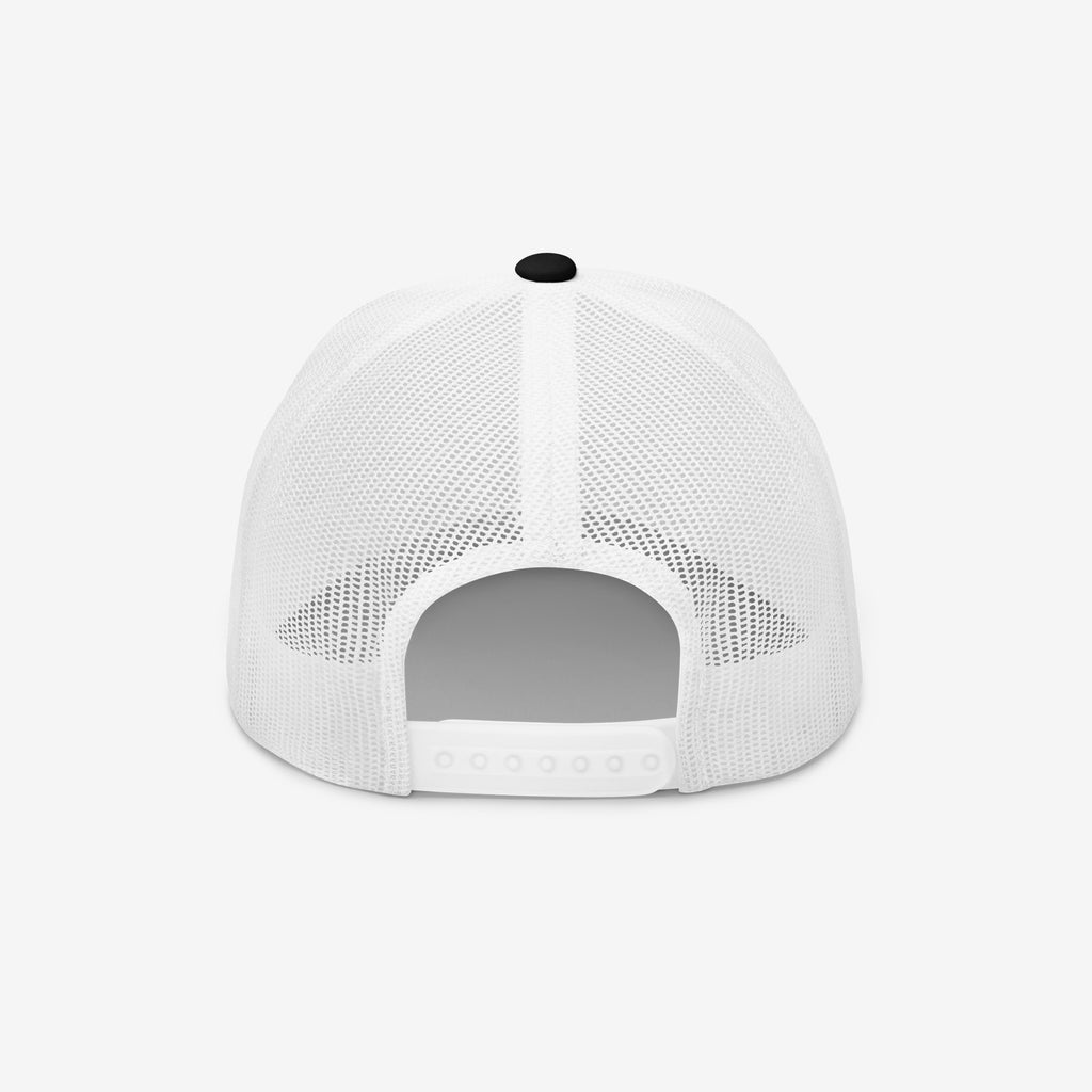 Back view of the Make Fascists Afraid Again hat featuring a white mesh design, five-panel crown, and adjustable snap-back strap, embodying protest spirit and defiance against far-right ideologies.