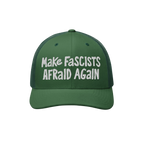 Make Fascists Afraid Again Hat features forest-green with white embroidery, structured six-panel build, mesh back, and curved
