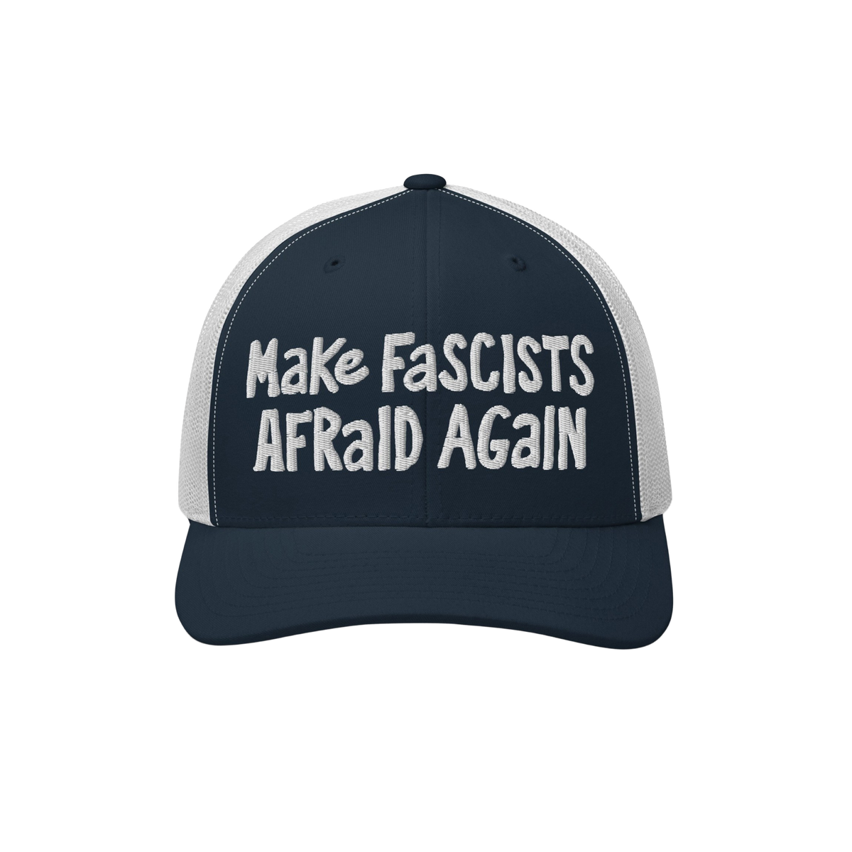 Make Fascists Afraid Again Hat features navy front and bill with white mesh back. Bold white embroidery showcases defiance, p