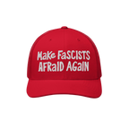 Make Fascists Afraid Again Hat features white embroidered text on a bright red trucker-style cap, emphasizing bold resistance
