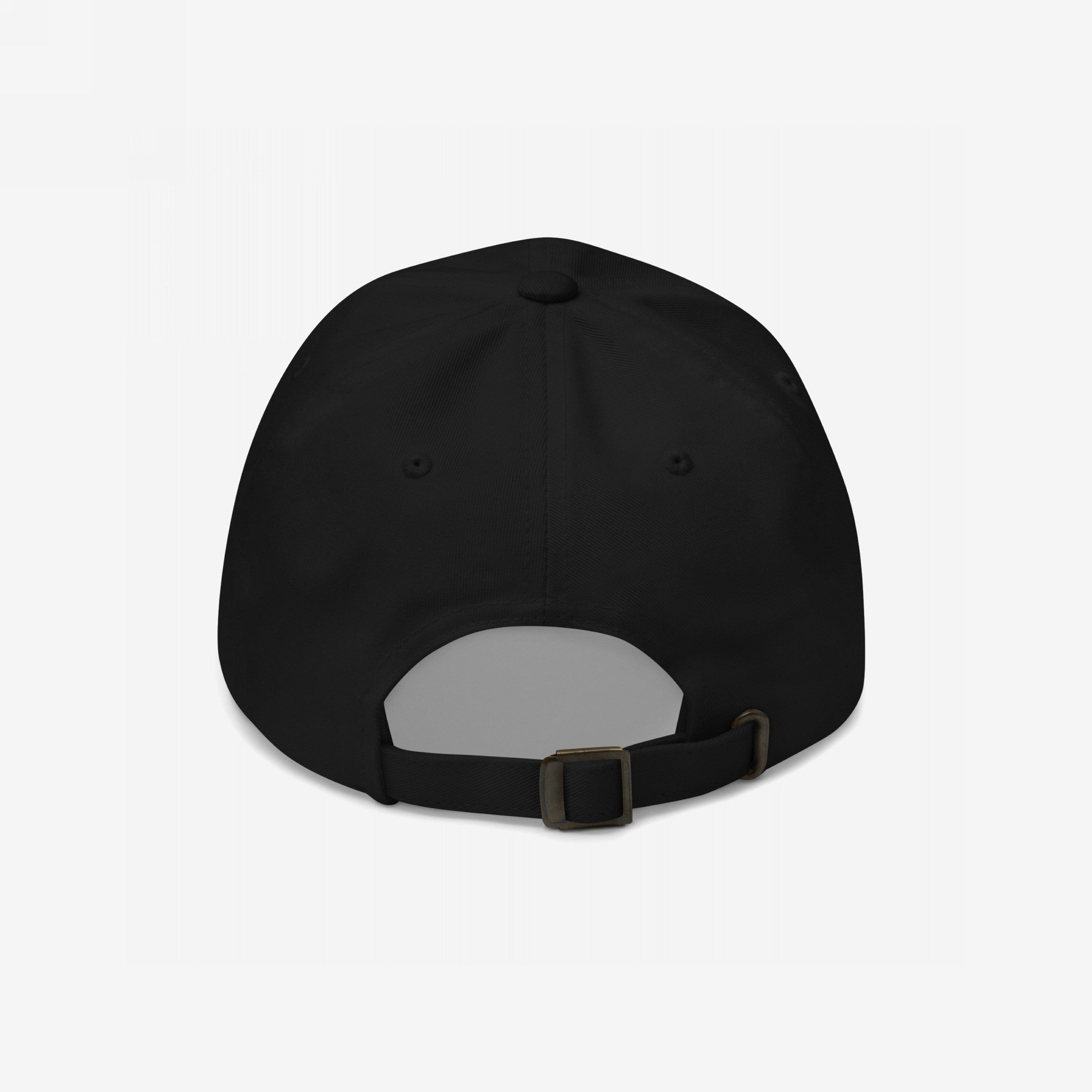 Back view of the Make Fascists Afraid Again Classic Hat, a black six-panel dad hat with adjustable strap and metal buckle, symbolizing defiance against fascism through bold, progressive messaging.
