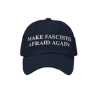 Navy-blue Make Fascists Afraid Again Classic Hat with white embroidered message, symbolizing a bold anti-fascist stance, perf