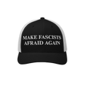 Make Fascists Afraid Again Classic Hat features a bold anti-fascist slogan in white embroidery on a black-and-white mesh truc