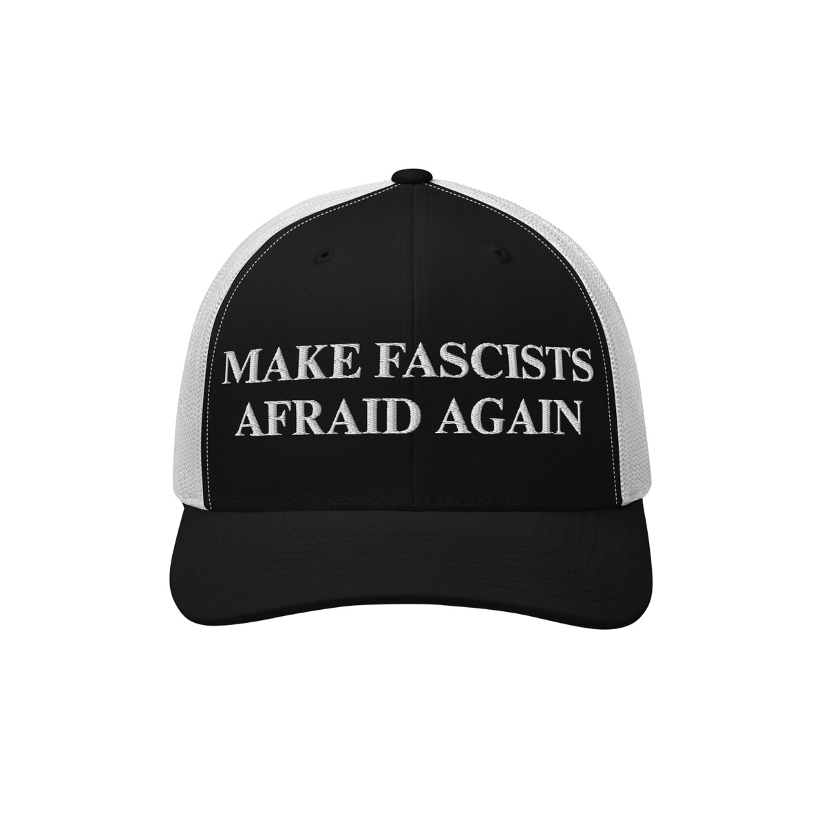 Make Fascists Afraid Again Classic Hat features a bold anti-fascist slogan in white embroidery on a black-and-white mesh truc