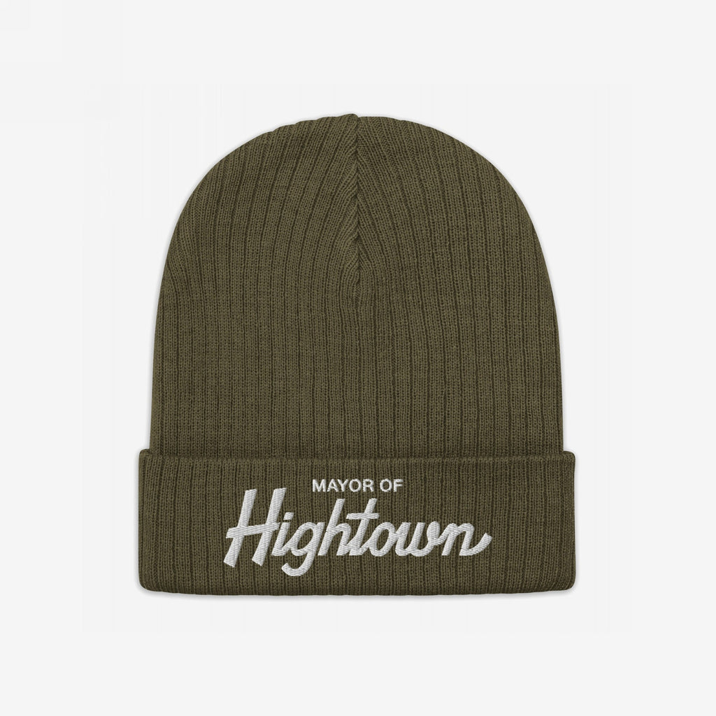 Olive-green ribbed knit beanie featuring Mayor of Hightown embroidered in white on the cuff, embodying a playful, rebellious spirit for cannabis enthusiasts and lovers of elevated humor.