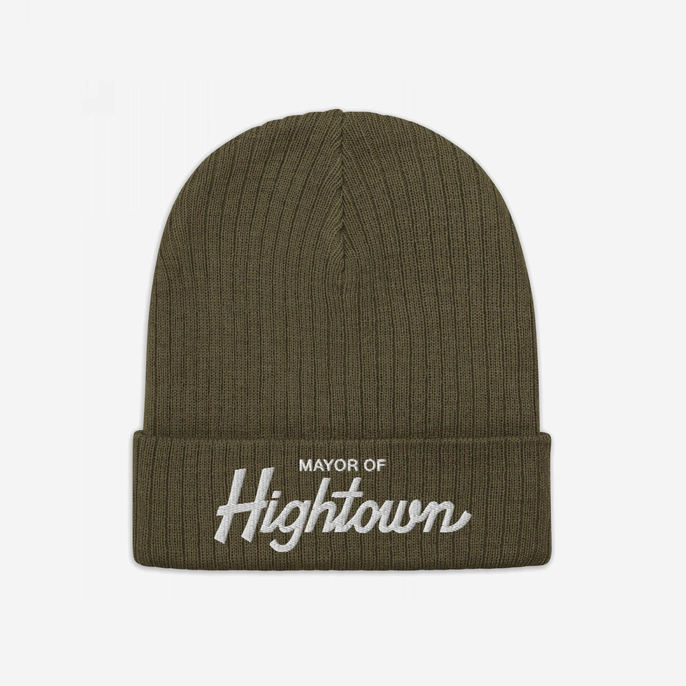 Olive-green ribbed knit beanie featuring Mayor of Hightown embroidered in white on the cuff, embodying a playful, rebellious spirit for cannabis enthusiasts and lovers of elevated humor.