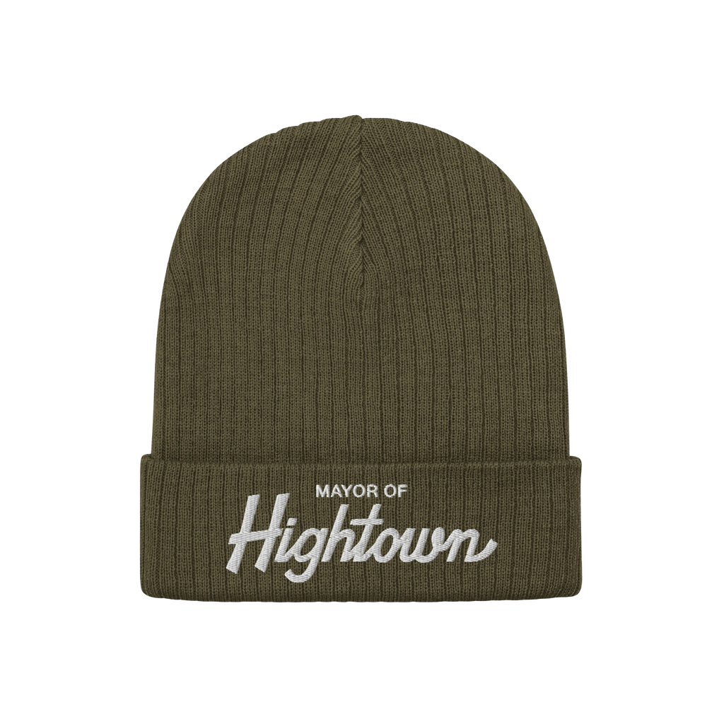 Olive-green ribbed knit beanie featuring Mayor of Hightown embroidered in white on the cuff, embodying a playful, rebellious 