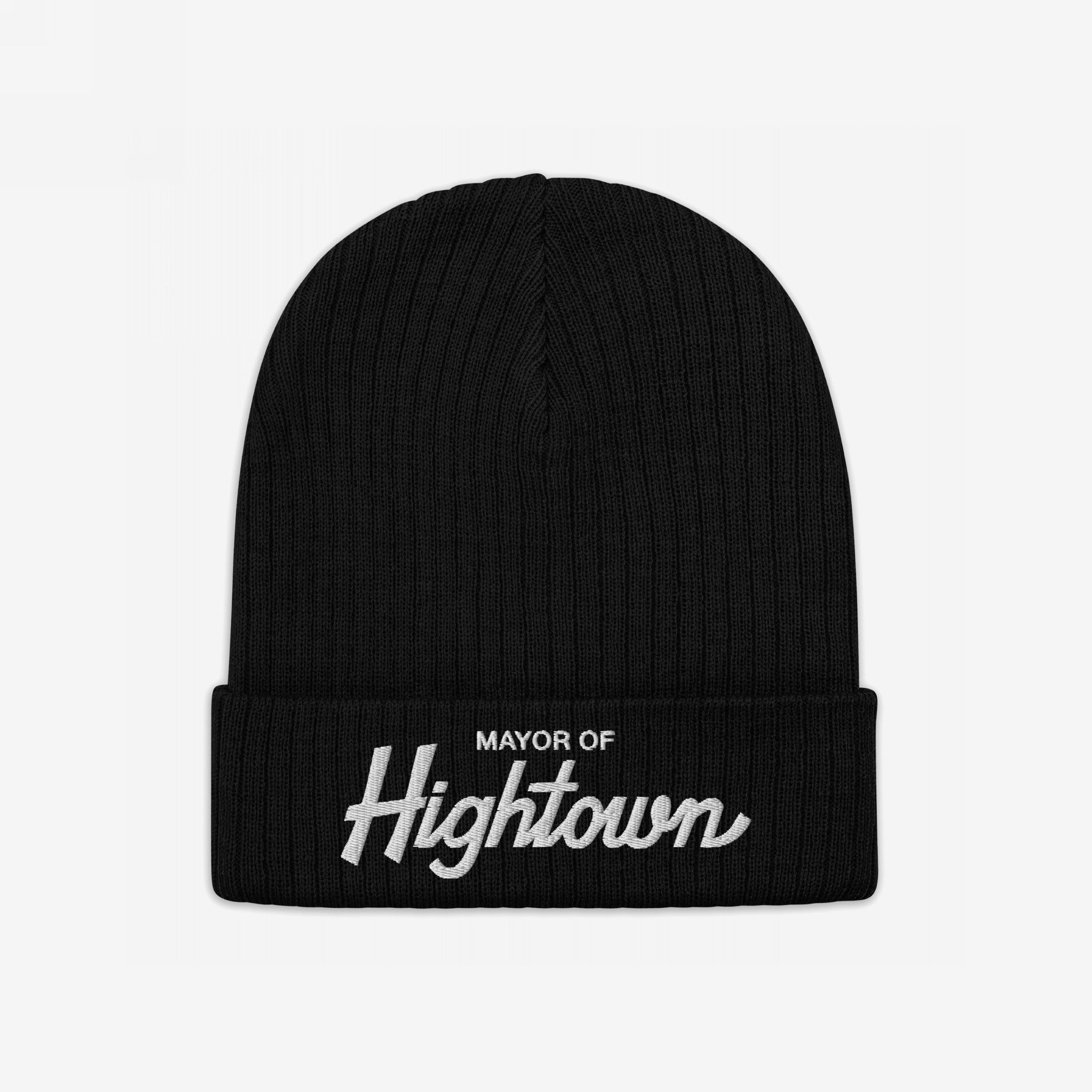 Black rib-knit beanie with MAYOR OF Hightown embroidered on the cuff, exuding cannabis culture's bold attitude. Perfect for expressing individuality and humor, aligning with the ethos of social equality.