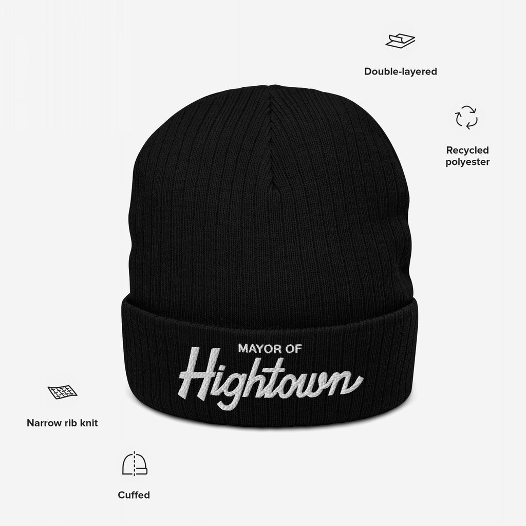 Black Mayor of Hightown beanie with white embroidery, featuring narrow rib knit, cuffed design, double-layered recycled polyester. Perfect for cannabis enthusiasts seeking bold, humorous style.