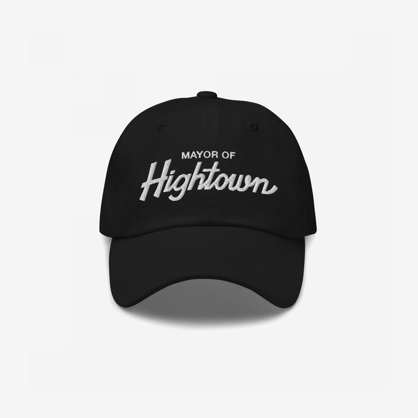 Black cap with MAYOR OF Hightown in bold white embroidery, embodying playful weed culture and free-spirited attitude. Ideal for cannabis enthusiasts and those embracing an unapologetic, laid-back vibe.