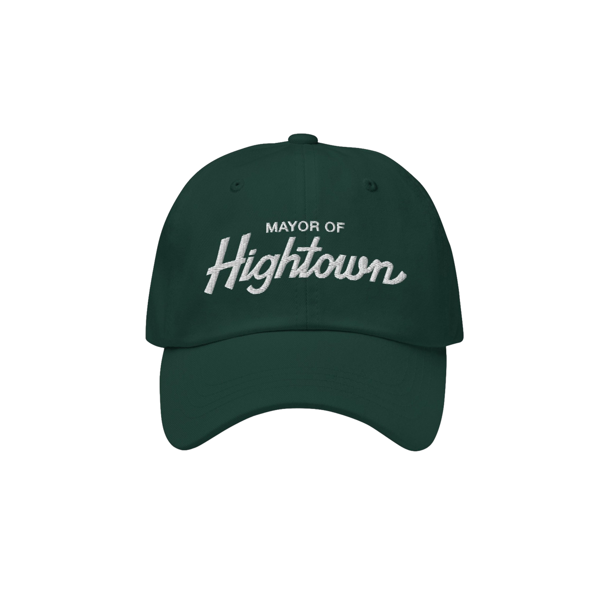 Dark-green Mayor Of Hightown Hat with white embroidered text, embodying a playful, rebellious spirit for cannabis enthusiasts