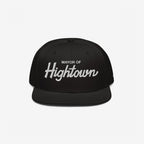 Black snapback hat featuring Mayor of Hightown in white embroidery, embodying a playful and bold statement for cannabis culture enthusiasts, reflecting an inclusive and high-spirited ethos.