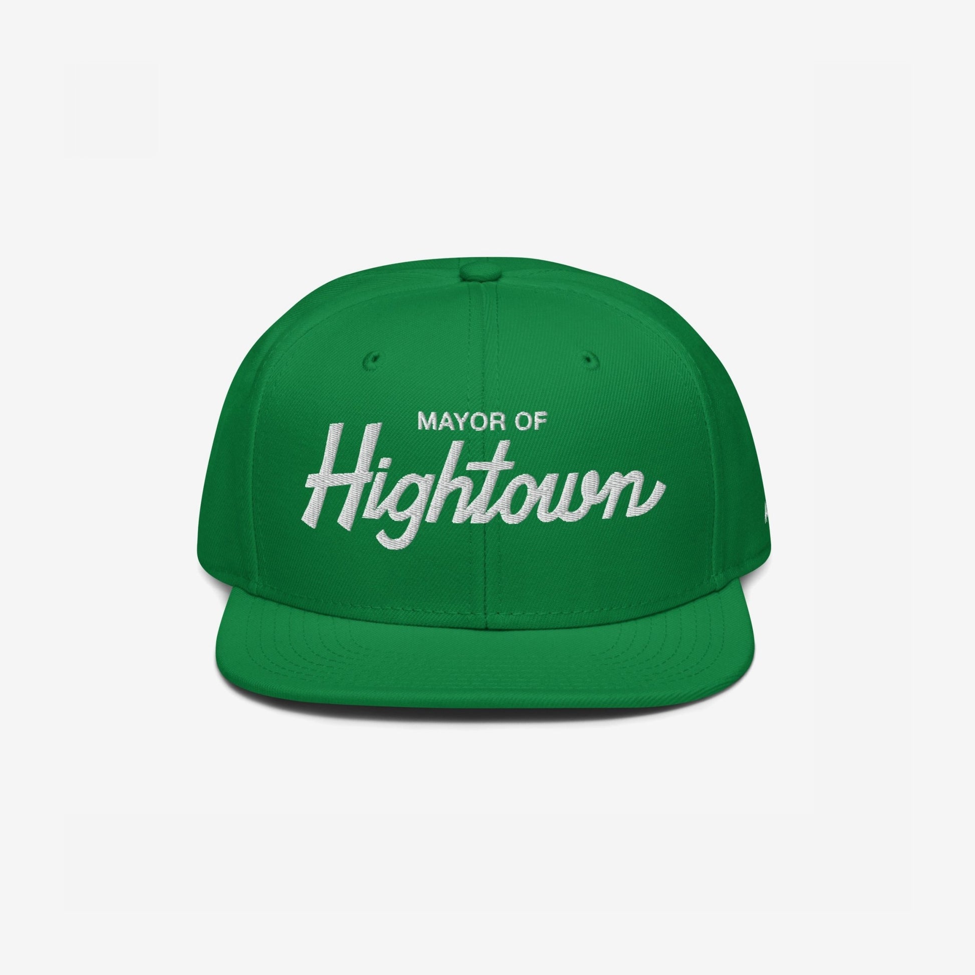 Bright green snapback cap with Mayor of Hightown in white embroidery, embodying bold, cheeky cannabis culture style, ideal for those seeking carefree vibes and elevated humor in their headwear.