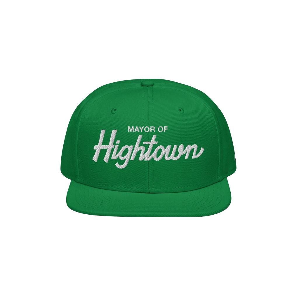 Bright green snapback cap with Mayor of Hightown in white embroidery, embodying bold, cheeky cannabis culture style, ideal fo