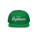 Bright green snapback cap with Mayor of Hightown in white embroidery, embodying bold, cheeky cannabis culture style, ideal fo