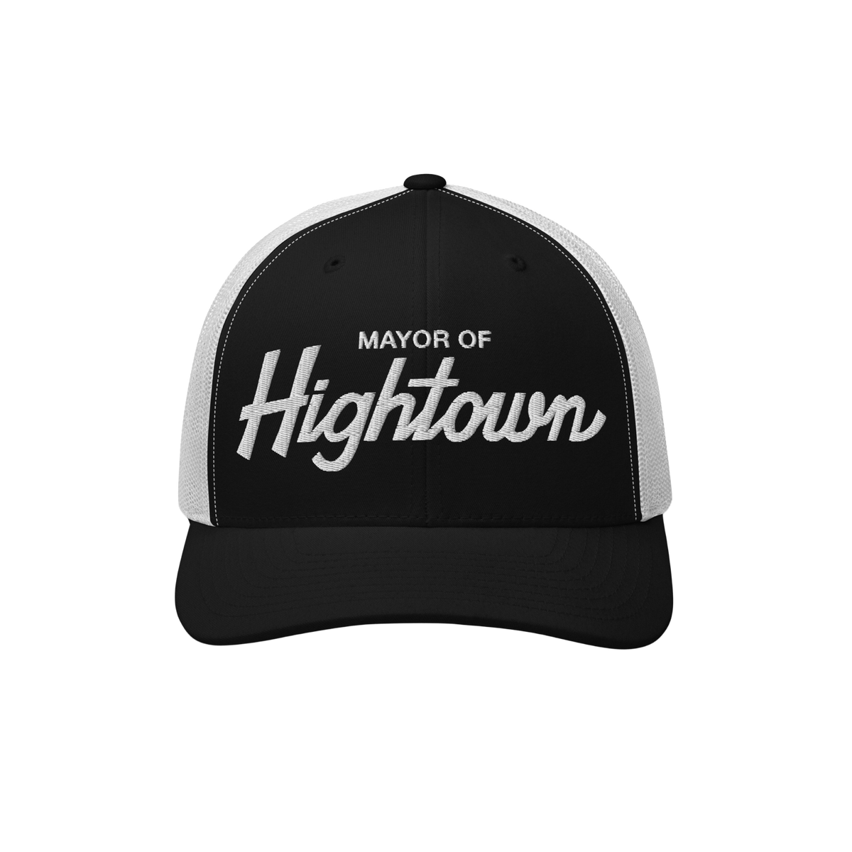 Trucker-style baseball cap with white mesh back, featuring MAYOR OF Hightown embroidered on the black front, reflecting a pla