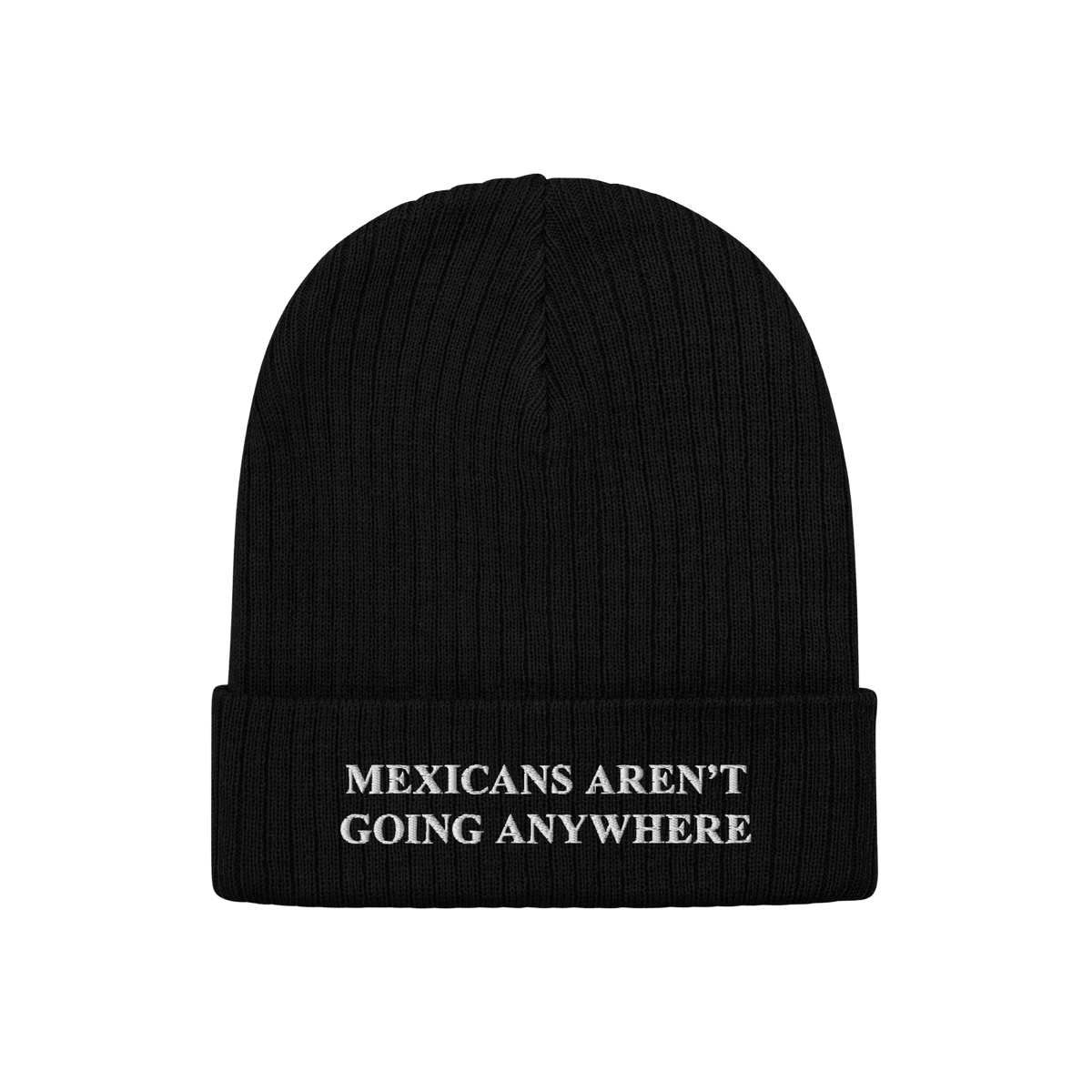 Black rib-knit beanie with bold white embroidered text on the cuff, reading “MEXICANS AREN’T GOING ANYWHERE,” represent